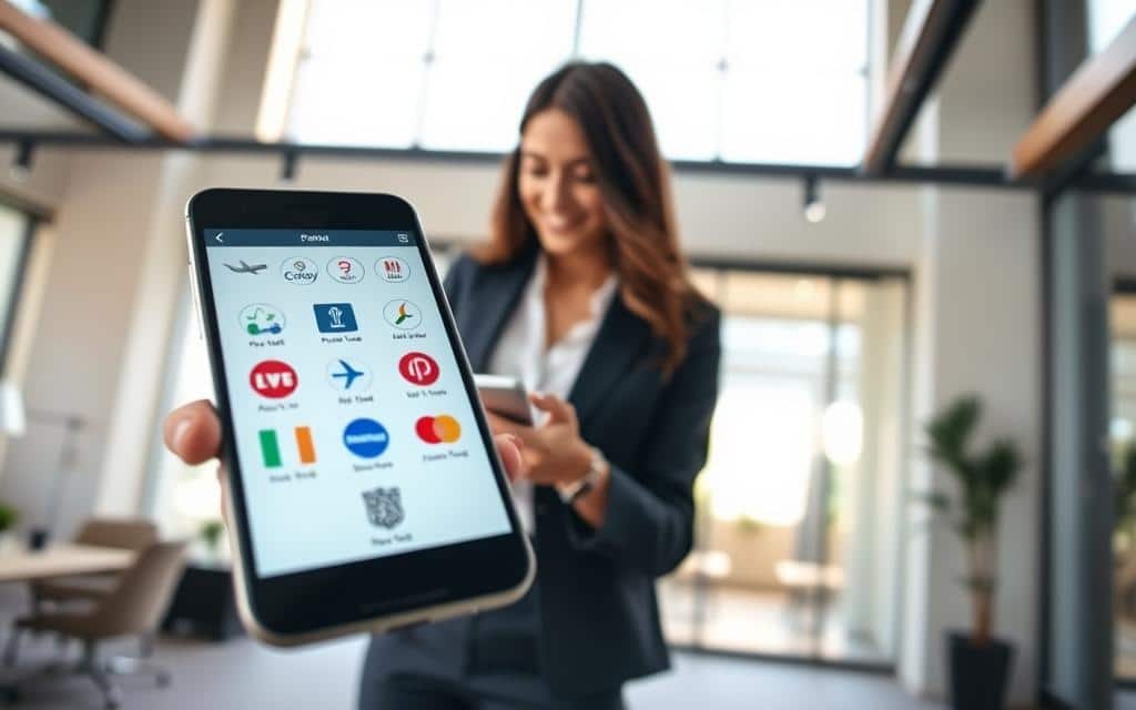 A visually striking representation of combining points from different reward programs. In the foreground, a sleek, modern smartphone displays various loyalty program icons, such as travel, retail, and dining. The middle ground features a professional businesswoman in smart casual attire, thoughtfully engaging with the phone. She appears focused, with a slight smile, symbolizing optimism and strategic thinking. The background consists of a stylish office space, softly illuminated by natural light streaming through large windows, creating a bright and inspiring atmosphere. The lens captures a close-up angle, emphasizing the interaction between the woman and her device while blurring the office details slightly. The overall mood conveys a sense of empowerment and savvy financial management, inviting the viewer into the world of sophisticated reward program strategies.