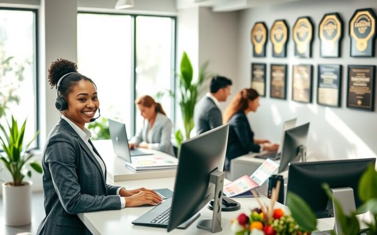 A well-lit and inviting customer service center featuring a diverse team of professionals in business attire, engaged in assisting members. In the foreground, a friendly customer service representative with a headset smiles while attentively interacting with a client at a sleek, modern desk. In the middle ground, another team member is seen helping a customer on a computer, surrounded by colorful charts and membership pamphlets. The background showcases a large window with daylight streaming in, plants adding a touch of warmth, and a wall displaying framed customer service awards, conveying a sense of professionalism and approachability. The overall atmosphere is welcoming and supportive, emphasizing the importance of quality customer service in membership programs. Soft, natural lighting enhances the inviting mood, creating a sense of trust and reliability.