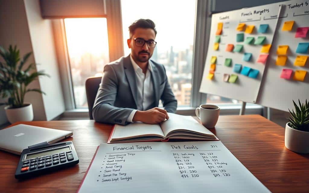 A well-organized desk scene depicting a professional individual sitting at a sleek wooden desk, focused on setting financial goals. In the foreground, an open notebook displays neatly written financial targets, surrounded by a calculator, a cup of coffee, and a small potted plant, creating a sense of comfort and professionalism. In the middle, a large window reveals a bright, sunlit cityscape, symbolizing opportunities and progress. The background features a whiteboard with colorful sticky notes, tracking different financial objectives and timelines. The lighting is warm and inviting, evoking a feeling of hope and clarity. The atmosphere is calm and productive, embodying the determination to break free from financial stagnation. The subject is dressed in professional attire, emphasizing a serious approach to personal finance.