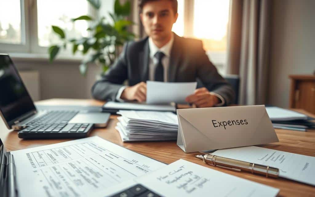 A well-organized desk scene showcasing a professional individual, dressed in smart business attire, focused on managing expenses. In the foreground, there's a laptop open with a detailed spreadsheet visible, alongside a calculator, and a notepad filled with handwritten notes. In the middle, a stack of receipts and an envelope clearly labeled "Expenses" represent financial tracking challenges. The background features a window with soft morning light streaming in, creating a calm and organized atmosphere. A potted plant adds a touch of greenery, emphasizing a productive workspace. The overall mood should evoke diligence and determination, highlighting the importance of overcoming obstacles in spending tracking. The angle should be slightly from above, capturing both the individual and the detailed elements of the workspace.