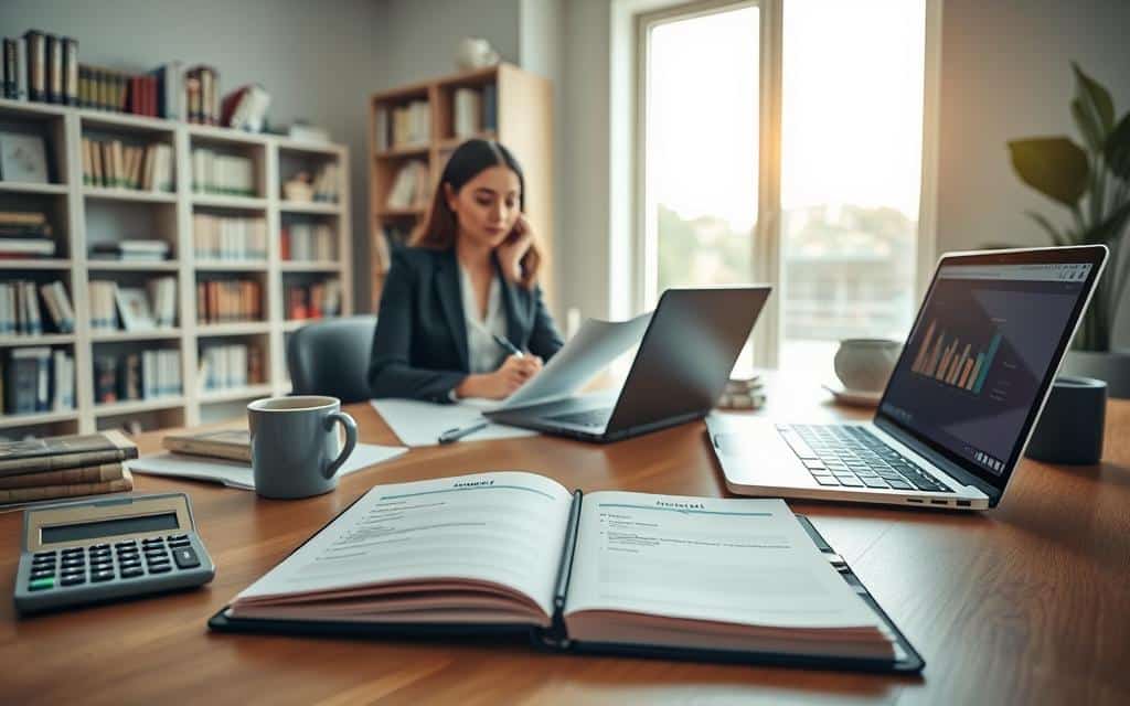 A well-organized workspace illustrating "financial priorities" with a focus on reassessing and adjusting goals. In the foreground, a neatly arranged desk features a planner open to a financial goals section, alongside a calculator, a cup of coffee, and a laptop displaying graphs. In the middle ground, a professional woman in business attire, thoughtfully reviewing documents and jotting notes, imparts a sense of focus. The background showcases a large window with natural light streaming in, illuminating the room, and a bookshelf filled with financial books and resources. The atmosphere should feel motivational and serene, prompting a sense of clarity and purpose in managing financial priorities, with soft lighting and a warm color palette.